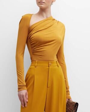 Lapointe Asymmetric Ruched Long-Sleeve Jersey Top Mustard Yellow Size 10